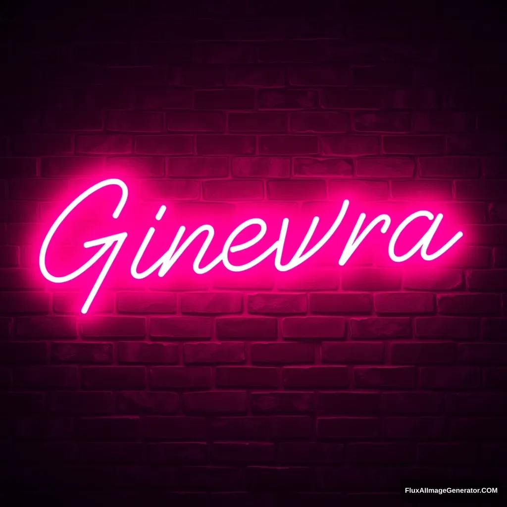 Pink neon sign of the word "Ginevra" on a dark brick wall, cyberpunk style. - Image