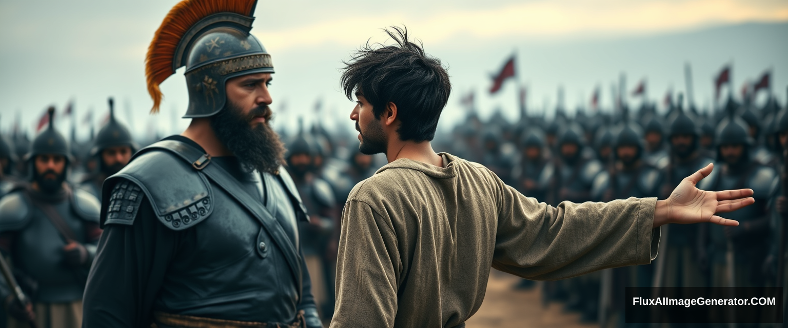 Create an image of two men standing apart and arguing while a group of soldiers gathers around the man on the left. The man on the right is young, with his arms stretched out to the sides, looking shocked. He has dark, messy, unkempt hair and a beard and is dressed in a simple biblical-era shepherd's tunic. He is looking sternly at the left eye of the other man. The other man appears middle-aged, has a Jewish black beard, and is wearing a full suit of biblical-era leather armor along with a conical helmet with a pointed tip. On the far horizon in the background, there is a blurred front of a large biblical-era army. The overall mood of the image is one of anxiety and concern. - Image