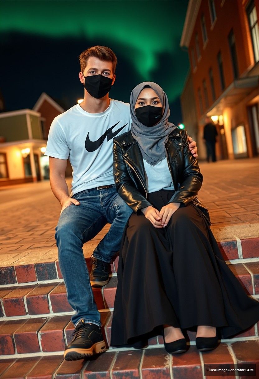 Jamie Dornan, tall and young, wearing a black face mask, a white Nike T-shirt, and jeans, is dating a beautiful grey hijab-wearing Muslim girl with stunning eyes. She also has a black face mask and a leather jacket, and she is wearing a very long and oversized skirt; she is not tall. They are sitting on brick stairs in town, captured in a photorealistic style, street photography, selfie photos, with a night scenery and the aurora borealis.