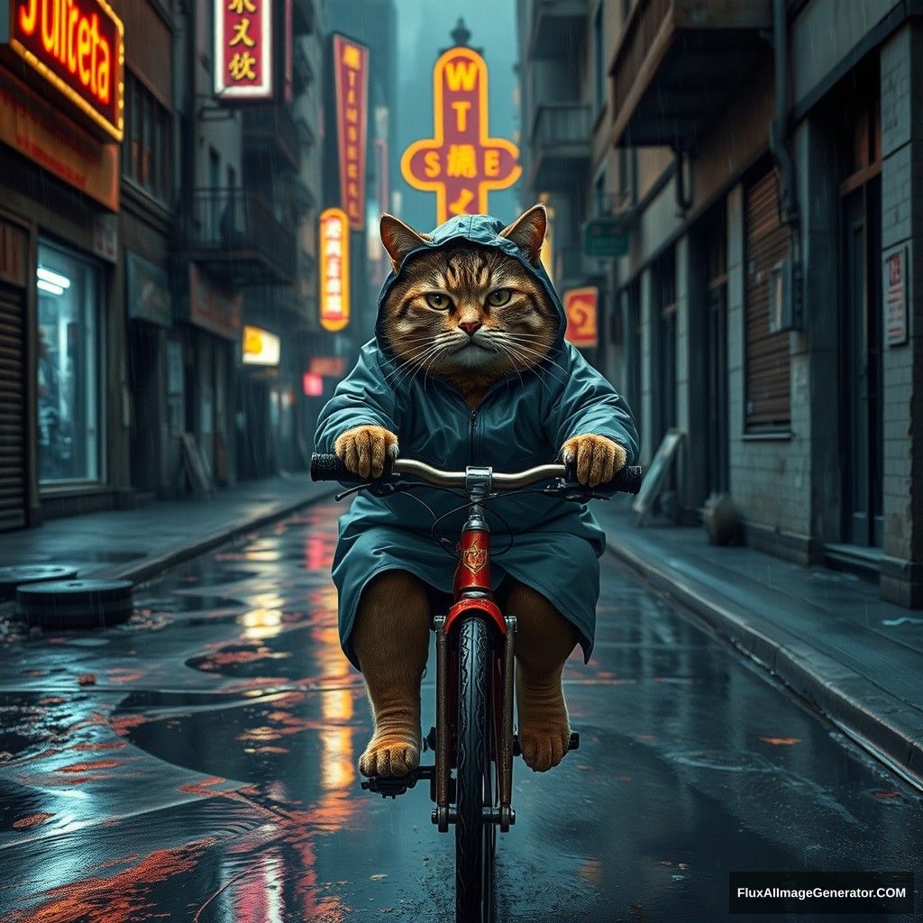 A gritty, rain-soaked cat, bundled in a raincoat, pedals determinedly down a dilapidated alleyway in a run-down cityscape. The cat's disgruntled expression adds a touch of melancholy to the scene, as the city's neon lights flicker in the rain. The alleyway is lined with crumbling buildings and puddles, creating a sense of urban decay and grit. The cat's bicycle, though worn, is a beacon of hope and resilience in the midst of the storm. - Image