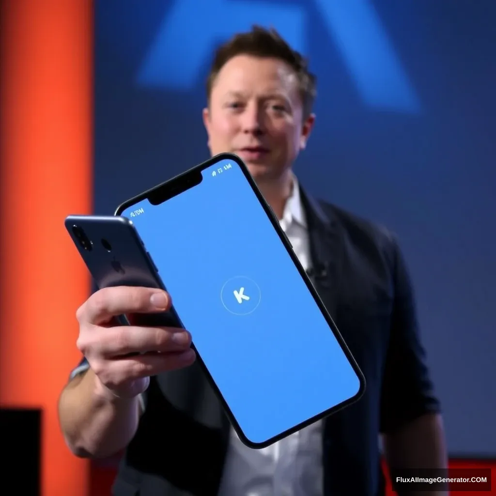 Elon Musk holds a phone, and the phone screen shows the KainoAI app, which has a blue style.