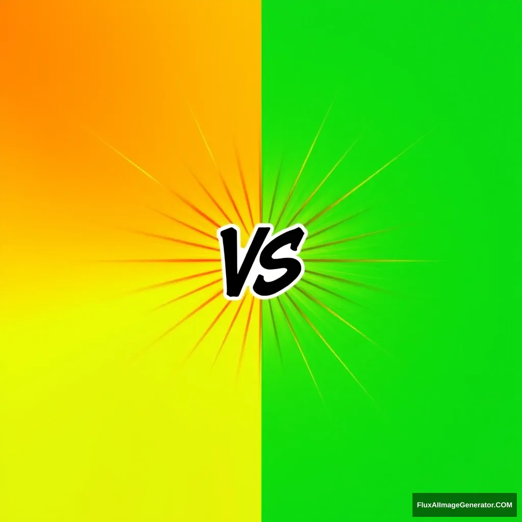 The image presents a vibrant graphic design featuring a striking contrast between two opposing colors. On the left side of the image, there is a bold, bright orange color, radiating outwards from a central point. On the right side, there is a cool, calming green color, also radiating outwards from a central point. The center of the image is dominated by a black and white logo, which is a stylized "VS" written in a bold, sans-serif font. The logo is centrally located, drawing the viewer's attention to it. The overall composition of the image is balanced, with the two opposing colors and the logo evenly distributed across the image.