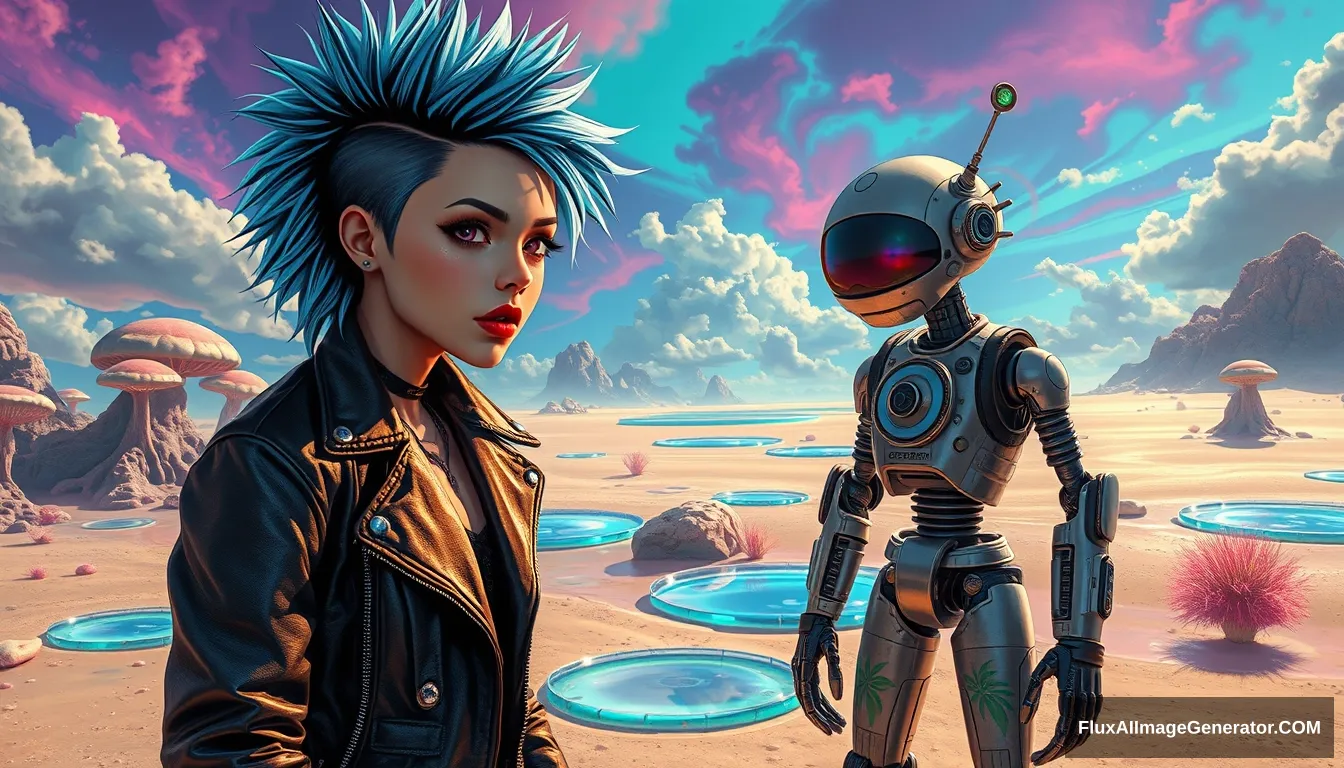 A vivid, high-contrast scene features a punk girl with electric blue spiky hair rendered in the intricate style of Enki Bilal with ray tracing effects. Photo: Digital painting of a vivid, high-contrast scene features a punk girl with electric blue spiky hair and a leather jacket, beside a charming retro-futuristic robot in Hawaiian shorts, on a surreal alien beach adorned with iridescent fungi and shimmering lakes, all beneath a vibrant, dreamlike sky.