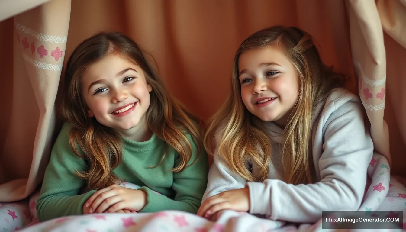 Two girls blush as they realize they have to get much closer together than they expected in their sleepover blanket fort. - Image