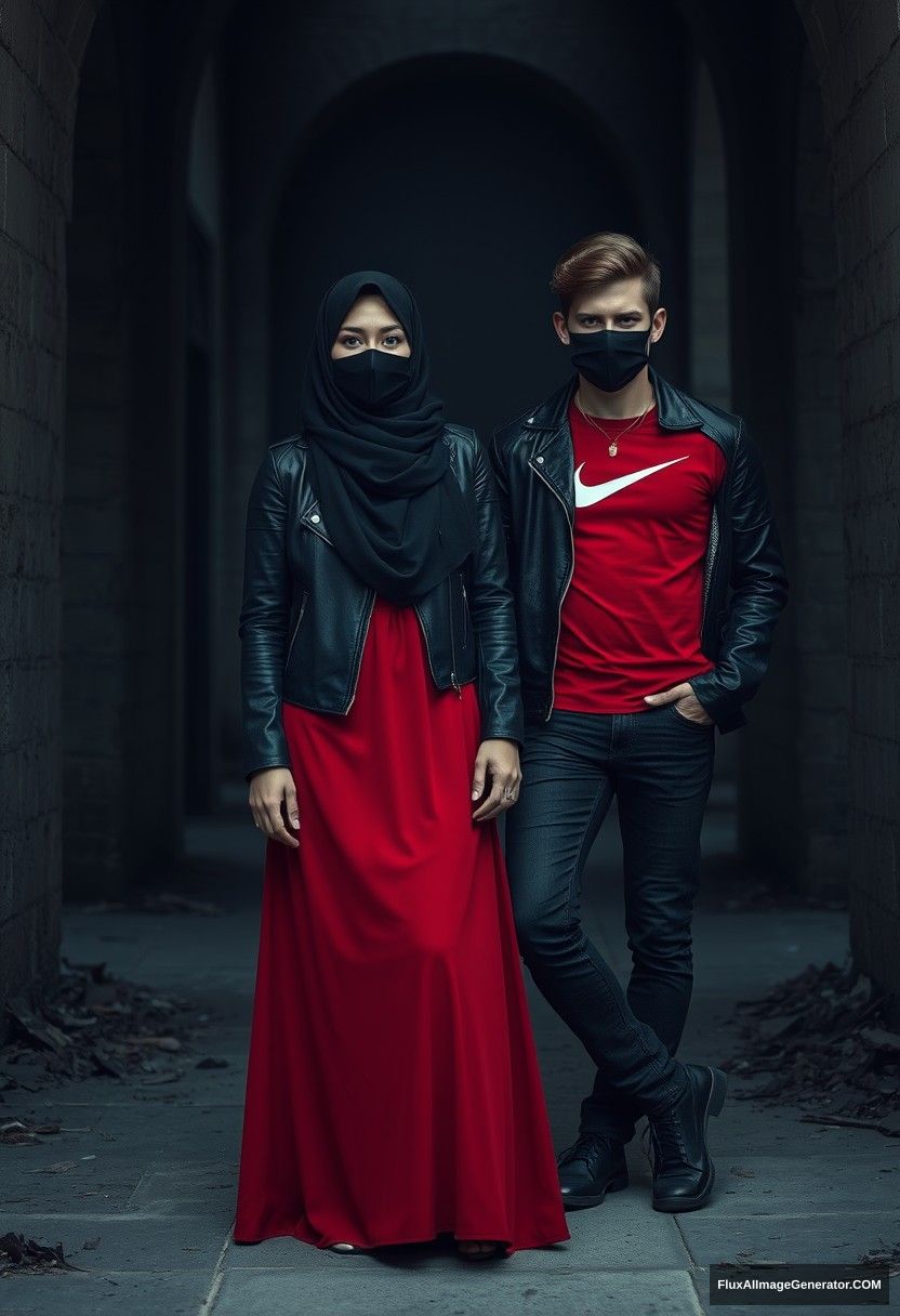 A biggest black hijab girl, beautiful eyes, face mask black, black leather jacket, biggest red longest dress, not tall,

Jamie Dornan, handsome, face mask black, fit and tough body, Nike red t-shirt, black leather jacket, jeans, tall man,

standing lean against the wall together, 
Hyper realistic, photorealistic, studio photography, Victoria's abandoned castle, gloomy, darkness.