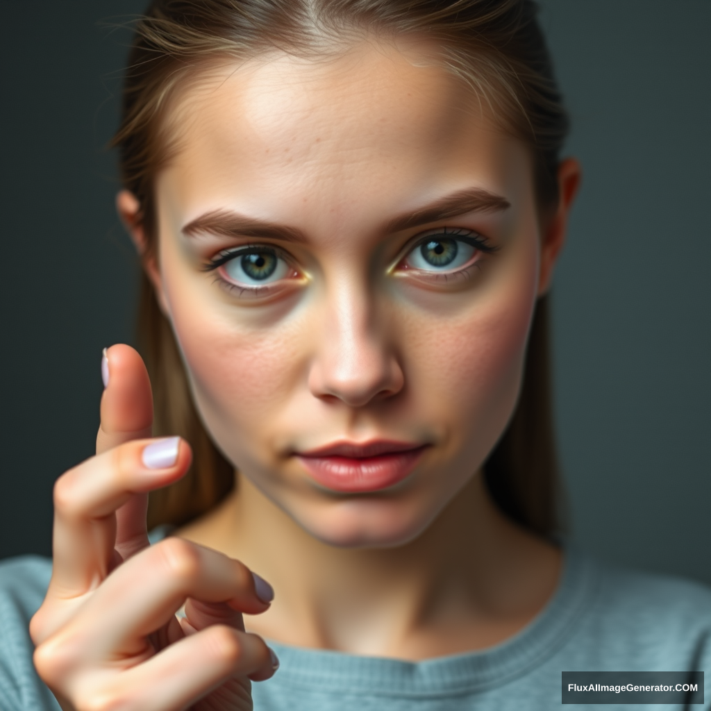 Young woman holding down an invisible object between her fingers. The woman looks realistic. The object is above her face. - Image