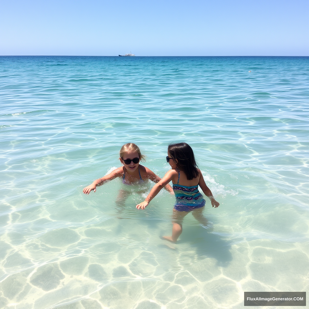 "Sea water, beach, sunshine, two girls playing in the water."