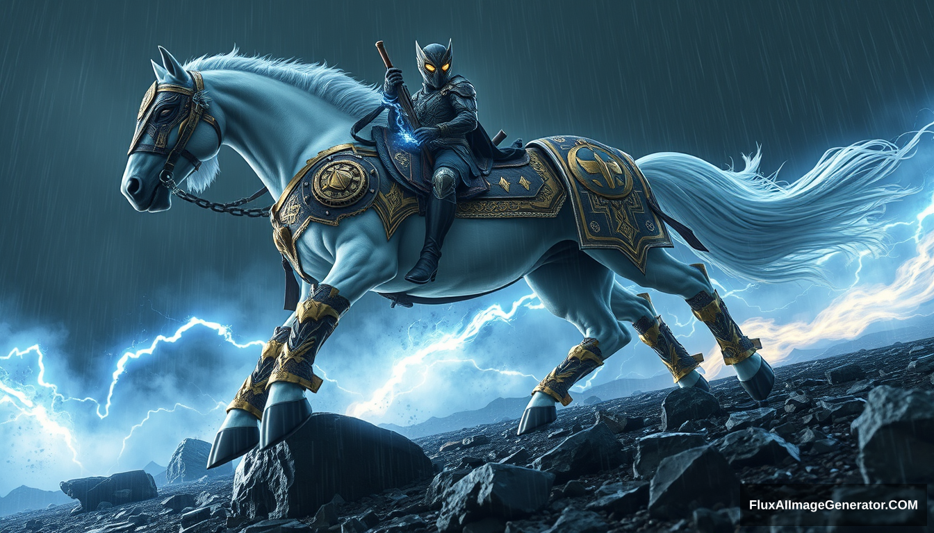 The hooves landed, and a majestic horse like a mountain stepped forward, its head held high, with a metallic mask covering its face, and heavy armor intricately adorned with metal patterns draping its entire body. The white fur shimmered with a brilliance like crystal, and blue, blazing lightning coiled around its eight powerful legs.

As it moved forward, the hooves, fastened with dark gold horseshoes, created a thunderous roar with each step, crashing like huge waves against the rocks, shattering the stones and leaving wounds on the ground.

Neigh!!!

From its massive nostrils erupted two conical clouds of thick fog, swirling like tornadoes.

When the fog dispersed, Chu Zihang saw clearly.

It was a gigantic black shadow, sitting atop the horse, looking like an oversized Deadpool, except it was wrapped in more advanced golden armor that emitted a faint glow in the rainy night.

The golden eyes shone with a ruthless brilliance, more turbulent than those of Deadpool, as if a colossal lighthouse had suddenly illuminated the world around!

The mythological figure, once only found in books, the supreme god of the Norse Aesir pantheon, the king of the dead, “Ye Gu Cheng” – Odin, made his entrance in this manner.

He held a curved spear in his hand, its arc resembling the trajectory of a meteor streaking across the sky, as a majestic eagle followed and soared through the heavens. It was not an eagle but rather a golden feathered helmet with wings spread in a V shape, heralding the arrival of war.

War, indeed! The texture of a photograph. - Image