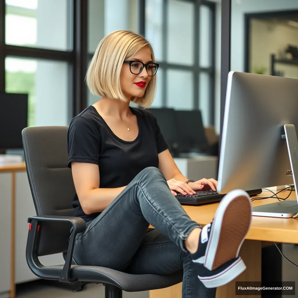 A woman in her 30s with a blonde bob haircut, wearing black-rimmed glasses and red lipstick, is sitting at her desk in an office, working on her computer. She is dressed in skinny dark grey jeans and a black t-shirt, and she is only wearing one Vans shoe; the other one is not on her foot.