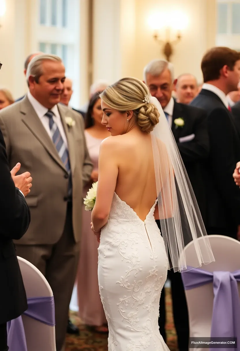 A petite young woman, sensitive, delicate, affectionate, compassionate, wearing a backless, strapless, side-less, low-waisted, thigh-cut contouring wedding dress. Fawning obediently while mingling with fathers. Expectations. Perfect posture. Pale skin.