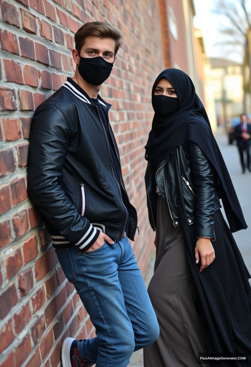 Jamie Dornan, handsome, young, black face mask, collage jacket, jeans, dating a beautiful Muslim girl wearing the biggest black hijab, with beautiful eyes, black face mask, black leather jacket, sneakers, the longest skirt, standing or lying against a brick wall, in a town, morning scenery, photorealistic, street photography.