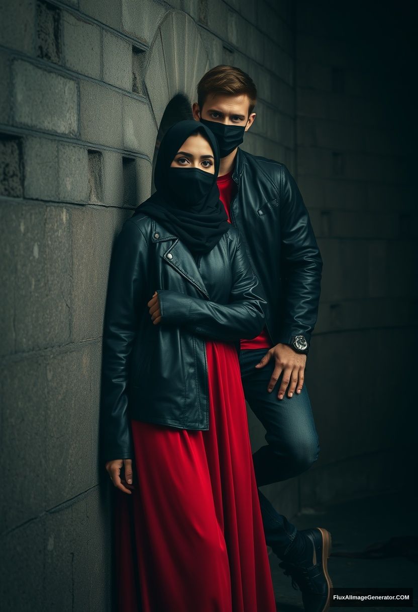 A biggest black hijab girl, beautiful eyes, face mask black, black leather jacket, biggest red longest dress, untall,

Jamie Dornan, handsome, face mask black, fit and tough body, Nike red t-shirt, black leather jacket, jeans, tall man, lean at wall together

Hyper realistic, photorealistic, studio photography, Victoria's abandoned castle, gloomy, darkness.