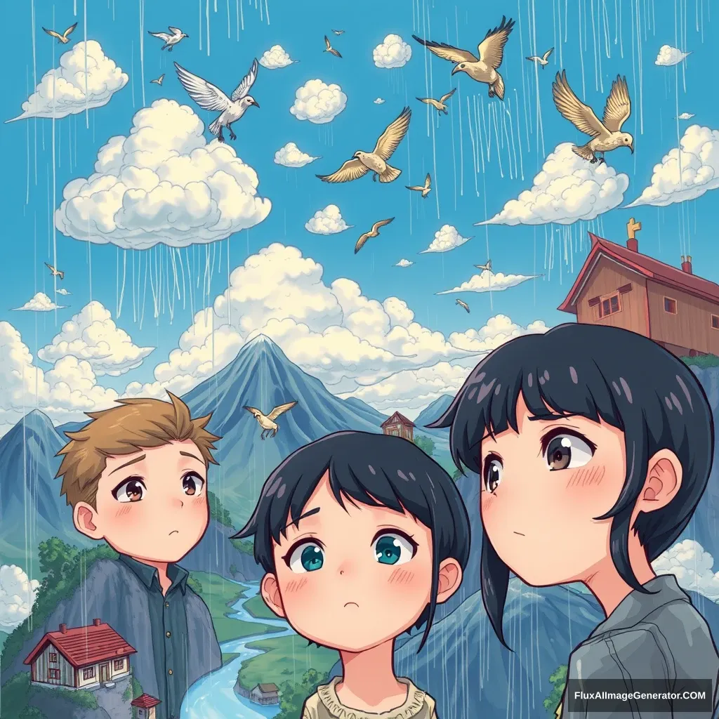 **Detailed and peculiar sky illustrations, various shapes of clouds such as raindrops falling from the sky, flying birds, mountains with houses on them, rivers flowing in the rain, all depicted with bright colors and intricate details. The artwork is influenced by Hayao Miyazaki's style, incorporating fantasy elements into everyday scenes. It has a charming ambiance that adds to its overall charm and appeal, with the focus being on the faces. --ar 3:4** - Image #2 <@982935409136918588>