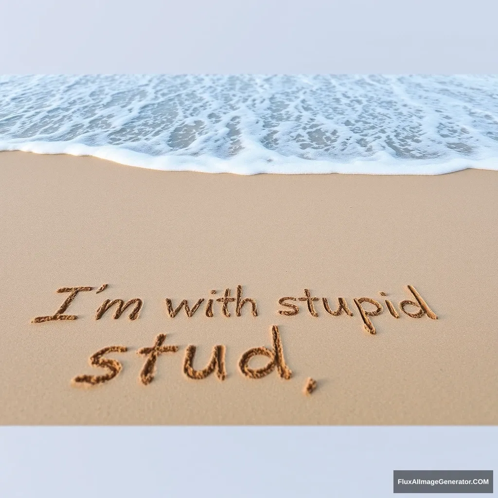 A beach, with "I'm with stupid" written in the sand, ocean in the background.