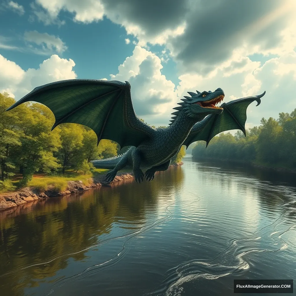 /imagine prompt: A hyper-realistic photograph of a western dragon flying high in the sky, its scales gleaming in dark green with intricate, lifelike reptilian texture like an alligator's skin, slightly wet and glossy. Powerful wings flapping, dynamic pose, aerial view from the river below. The river flows calmly with crystal-clear water, perfectly reflecting the dragon above, surrounded by lush, verdant trees with visible leaves. The sky is partly cloudy with rays of sunlight piercing through, highlighting the dragon's form in stunning clarity, hd quality, vivid style --ar 16:9 --v 6.0