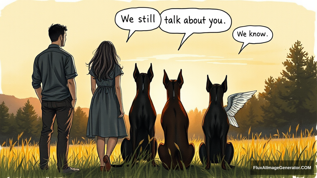 Messy, pencil sketch colour illustration: 4 silhouetted figures—2 male, 2 female—stand in a lush meadow at golden hour. 3 ethereal, winged dobermans sit beside them. Facing away from the viewer. Speech bubbles float above: "We still talk about you" (human), "We know" (dog). Nostalgic atmosphere, convey wistful longing. - Image