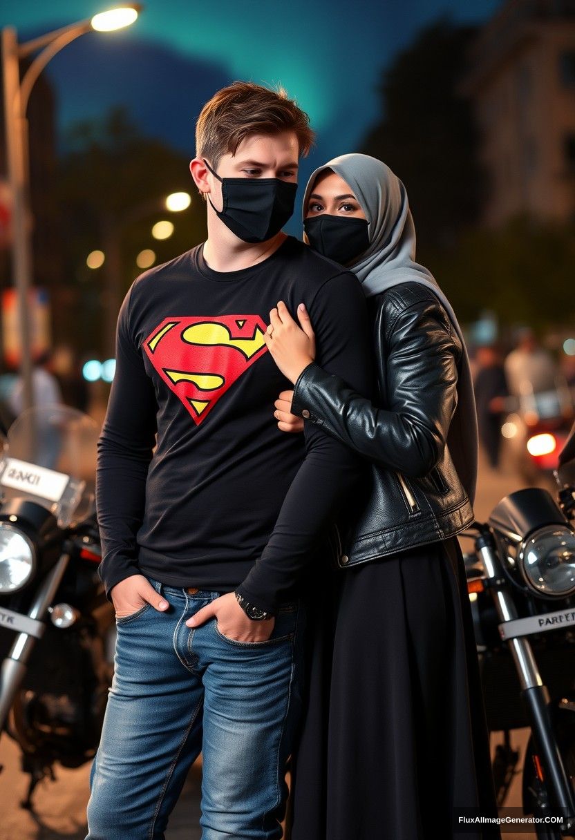 Jamie Dornan, tall and young, wearing a black face mask, a long-sleeve black Superman T-shirt, and jeans, 

on a romantic date with a beautiful grey hijab-wearing Muslim girl who has lovely eyes, also in a black face mask, a leather jacket, and the longest, biggest skirt, not a tall girl, 

laying on his shoulder, standing near motorbikes for photography, Suzuki Panther model, in town, photorealistic, street photography, night scenery, aurora borealis.