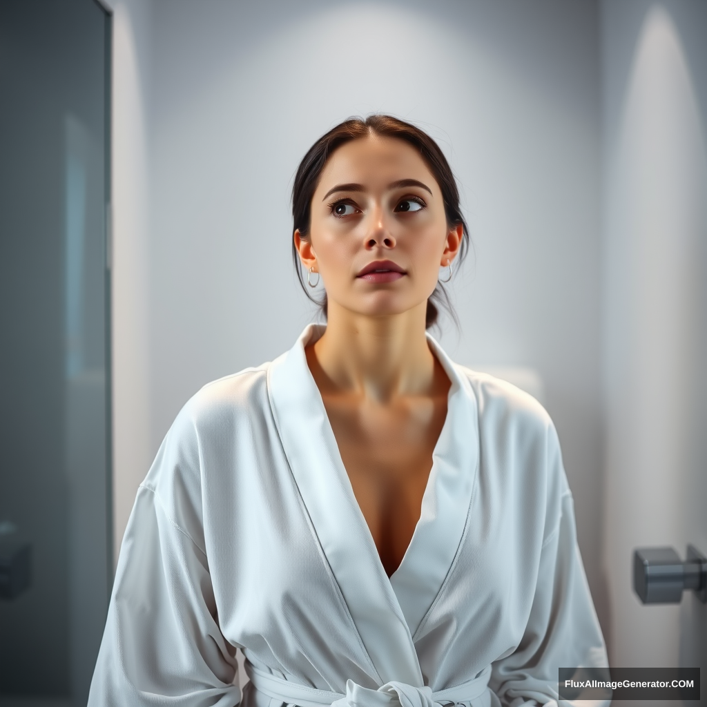 A close-up shot of a woman standing in front of a sleek, modern toilet in a minimalist bathroom. Her expression is contemplative, with a hint of introspection. The lighting is soft and white, casting an ethereal glow on her porcelain skin. She wears a simple white robe, cinched at the waist by a thin belt. The composition is tight, focusing attention solely on the woman as she ponders something profound.