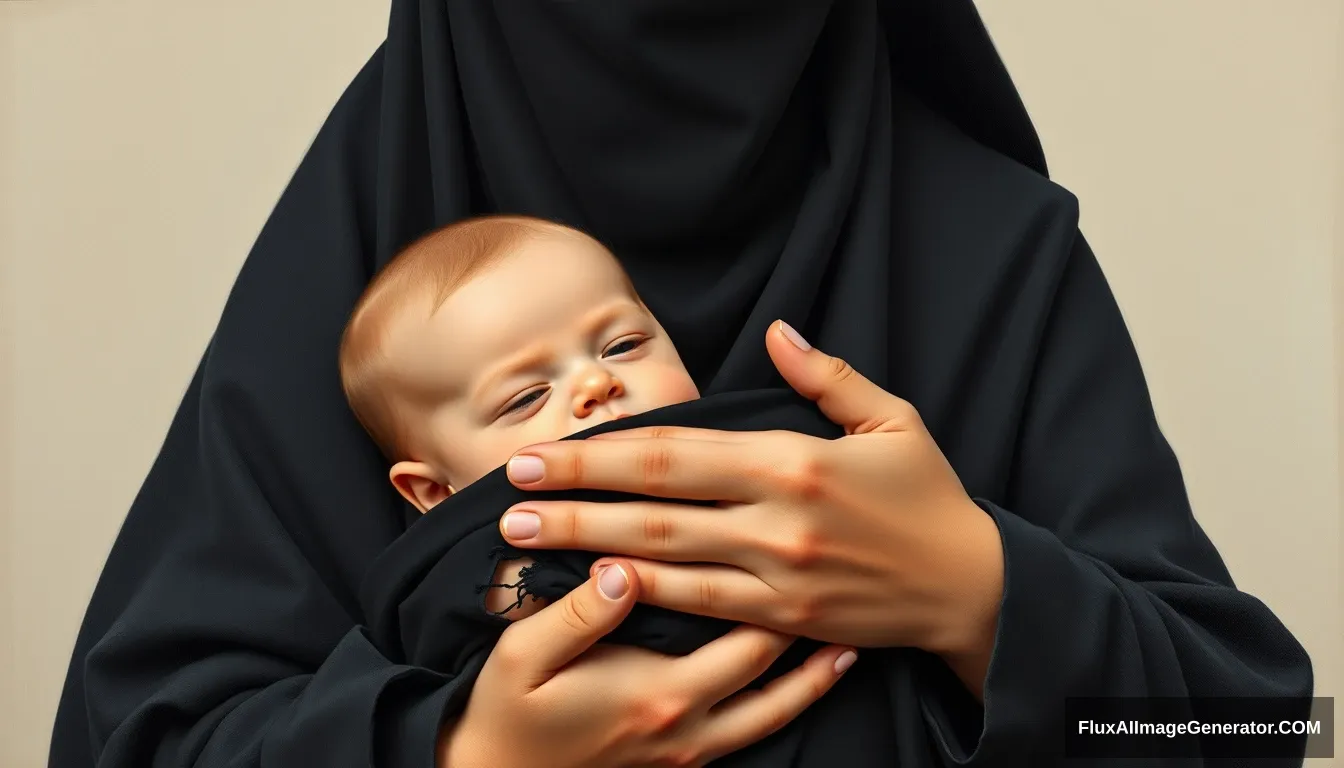 A pious woman is holding a baby boy, her palms covered in black cloth, wearing a long niqab, her neck covered by a perfect hijab, full shot, oil painting.