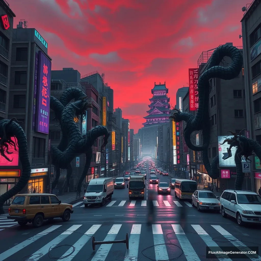 A cyberpunk style video game concept painting, wide-angle Tokyo city view, Shibuya Scramble Crossing, buildings are corrupted by many giant vines, night scene, crosswalk line, abandoned cars and trucks, blue and purple neon lights, Japanese Edo Castle, sky is dyed red. - Image