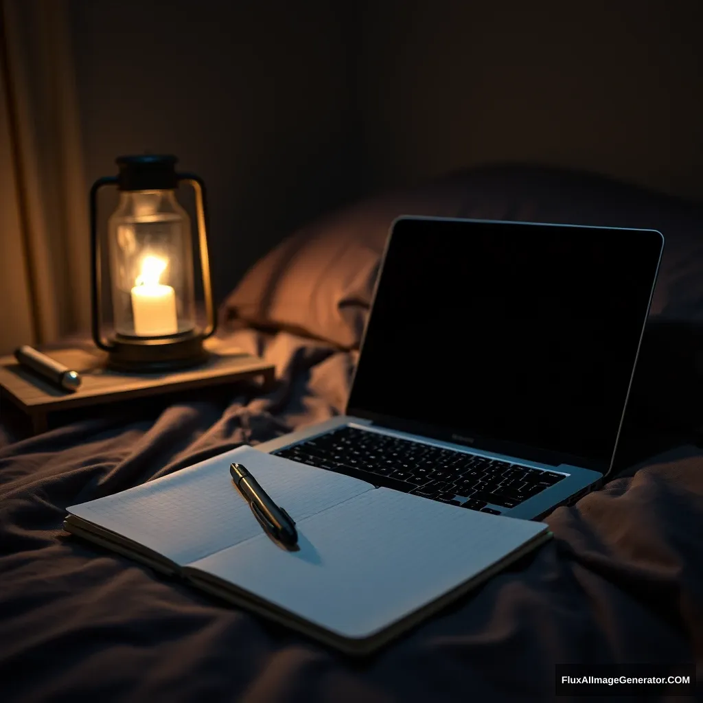 On laptop, notebook, a pen, phone, on bed, hyper realistic, studio photography, lantern light, gloomy.