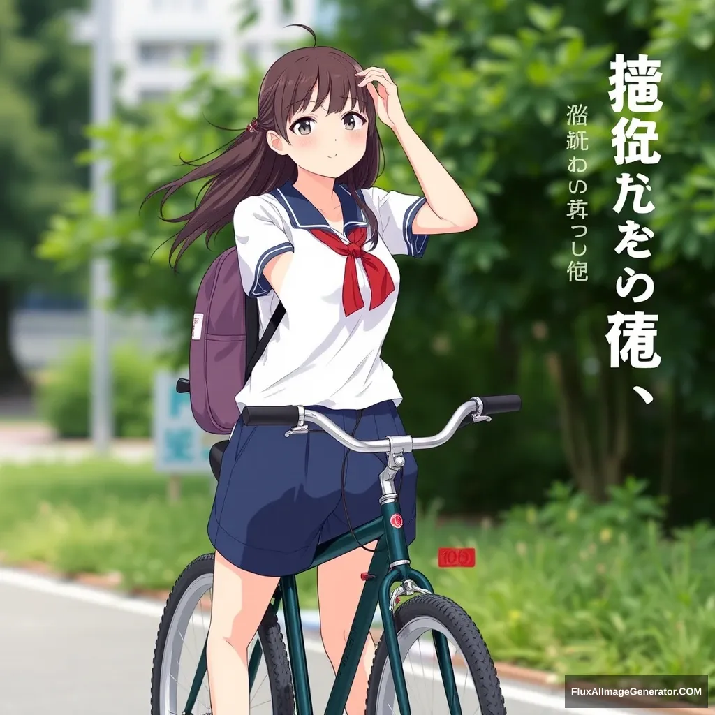 A female student wears shorts and rides a bicycle, with Chinese characters or Japanese.