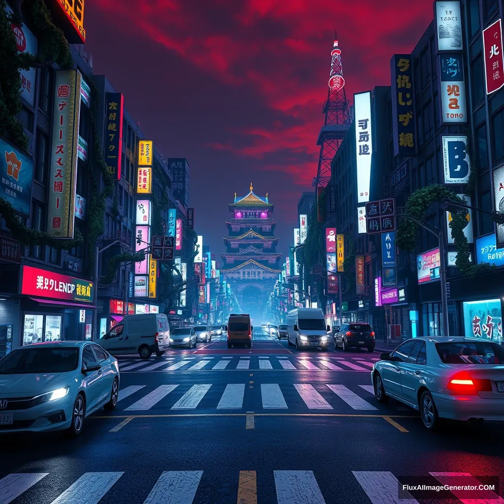 A Cyberpunk style video game concept, nice and detailed, two-point perspective, Tokyo city night scene, Shibuya Scramble Crossing, buildings are corrupted by many giant vines, crosswalk line, abandoned cars and trucks, blue and purple neon lights, Japanese Edo Castle, sky is dyed red, Unreal Engine, PBR rendering, CG style. - Image