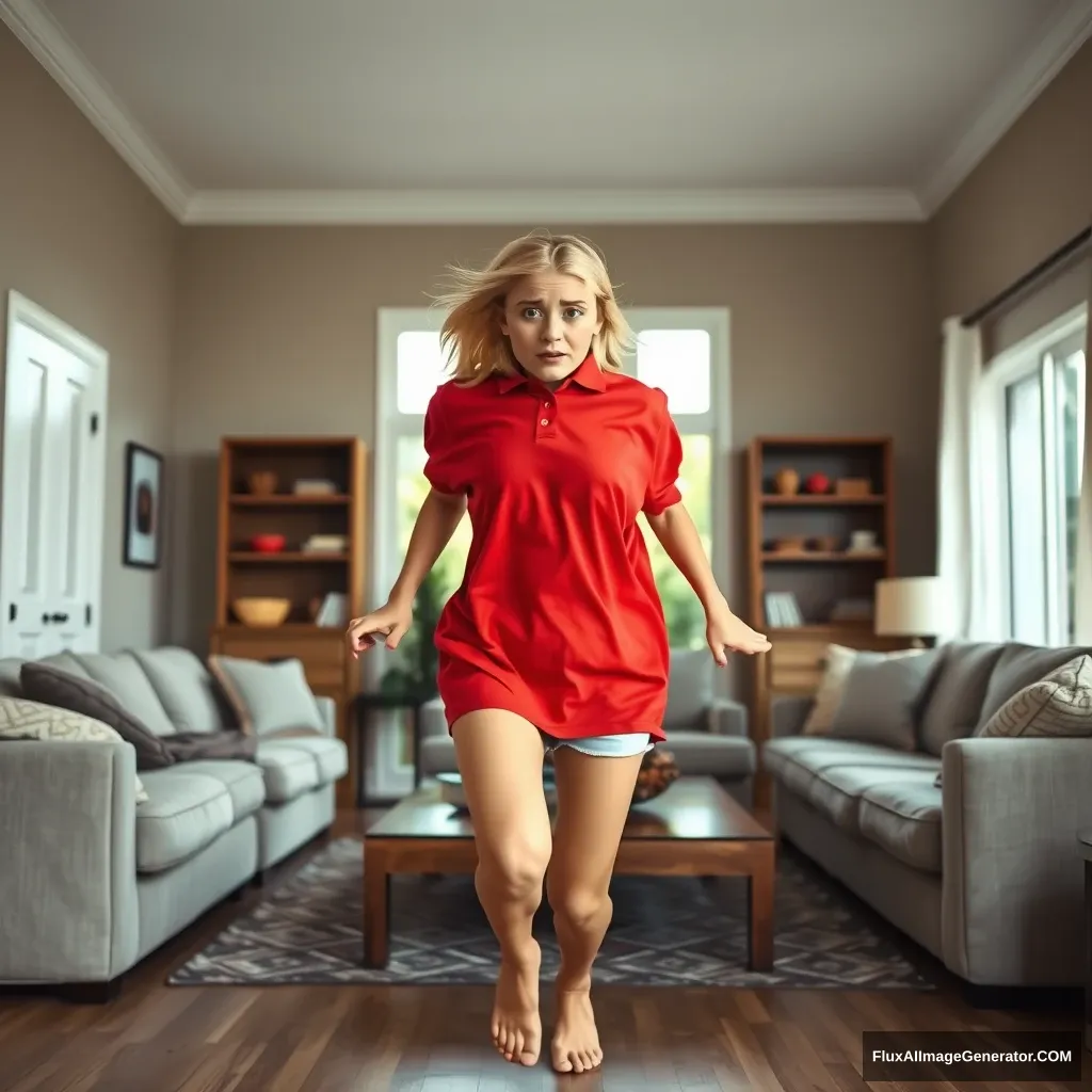 A front view of a blonde, slim woman in her early twenties is depicted in her large living room. She is wearing an extremely oversized red polo shirt that hangs awkwardly off one shoulder and is untucked. Additionally, she has on light blue denim shorts that reach her knees, and she is barefoot. Facing the camera with a worried expression, she runs toward it with her arms straight down at her sides.