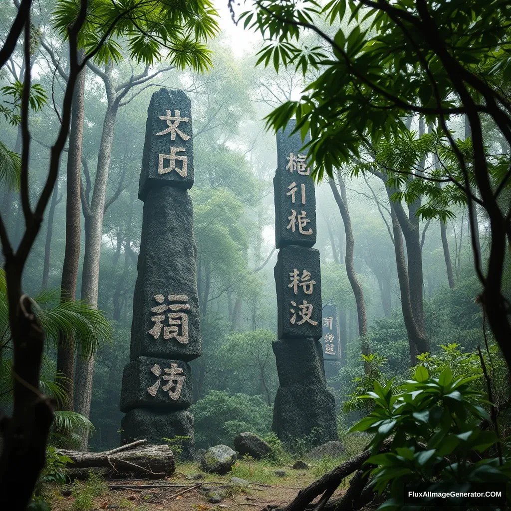 The Chinese characters "Wuyi" stand tall in the primitive jungle.