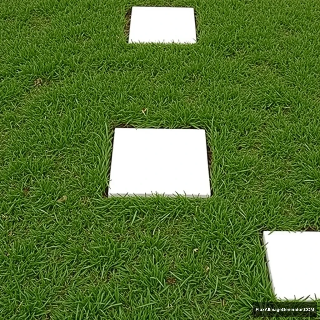 Five white squares on grass. - Image