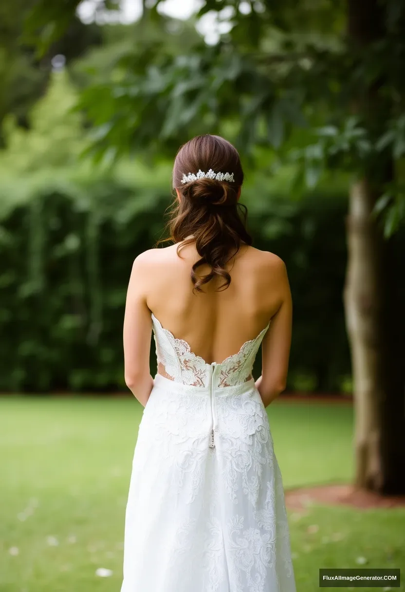 A young woman, sensitive, delicate, ashamed, backless strapless lace wedding dress.