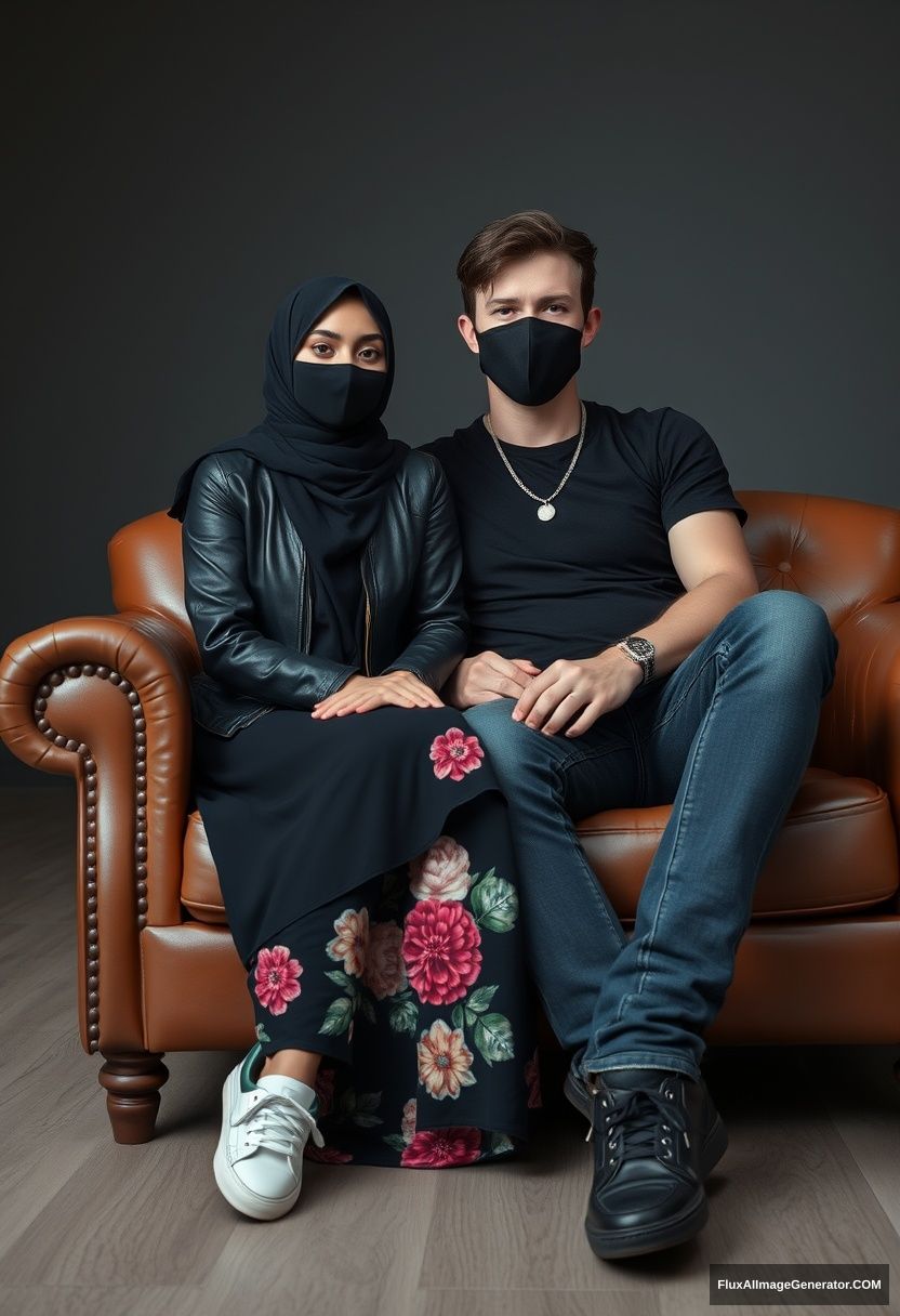 A black hijab girl, slim girl, beautiful eyes, black face mask, black leather jacket, the biggest floral long dress, black leather sneakers, sitting on a leather single wing sofa, Jamie Dornan, youngest, silver necklace, black t-shirt, jeans, black leather sneakers, tall man, black face mask, fit body, sitting near her, hyper-realistic, studio photography.