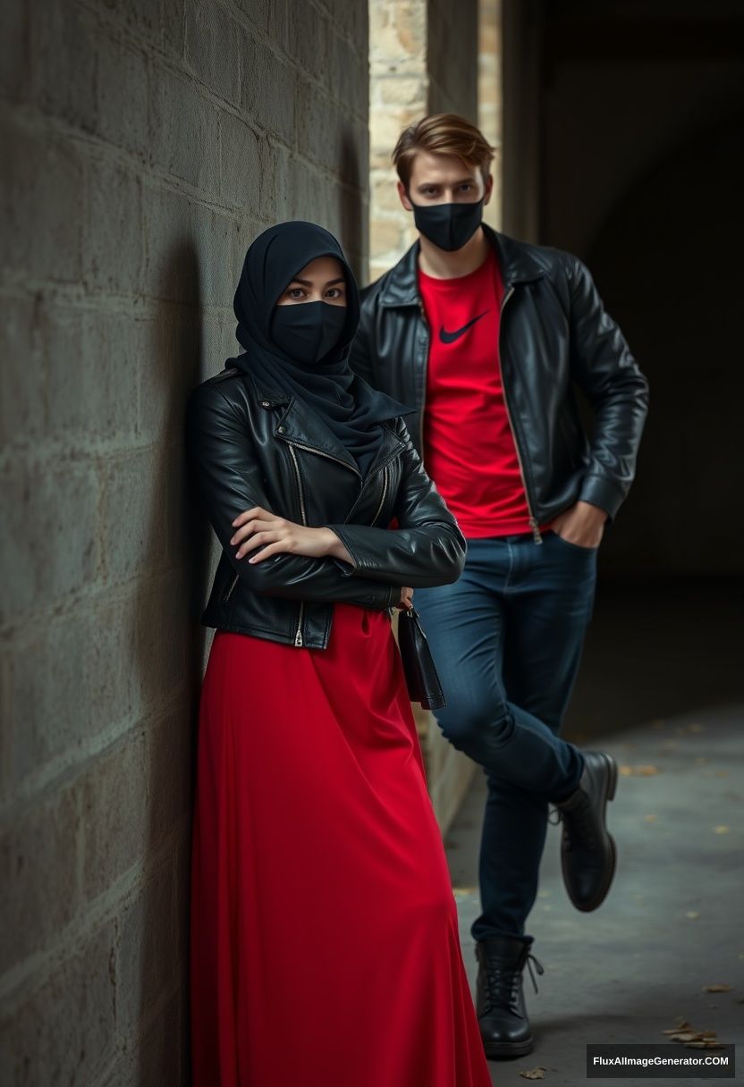 A biggest black hijab girl, beautiful eyes, face mask black, black leather jacket, biggest red longest dress, not tall, leaning at him,

Jamie Dornan, handsome, face mask black, fit and tough body, Nike red t-shirt, black leather jacket, jeans, tall man, leaning against the wall

Hyper realistic, photorealistic, studio photography, Victoria's abandoned castle, gloomy. - Image