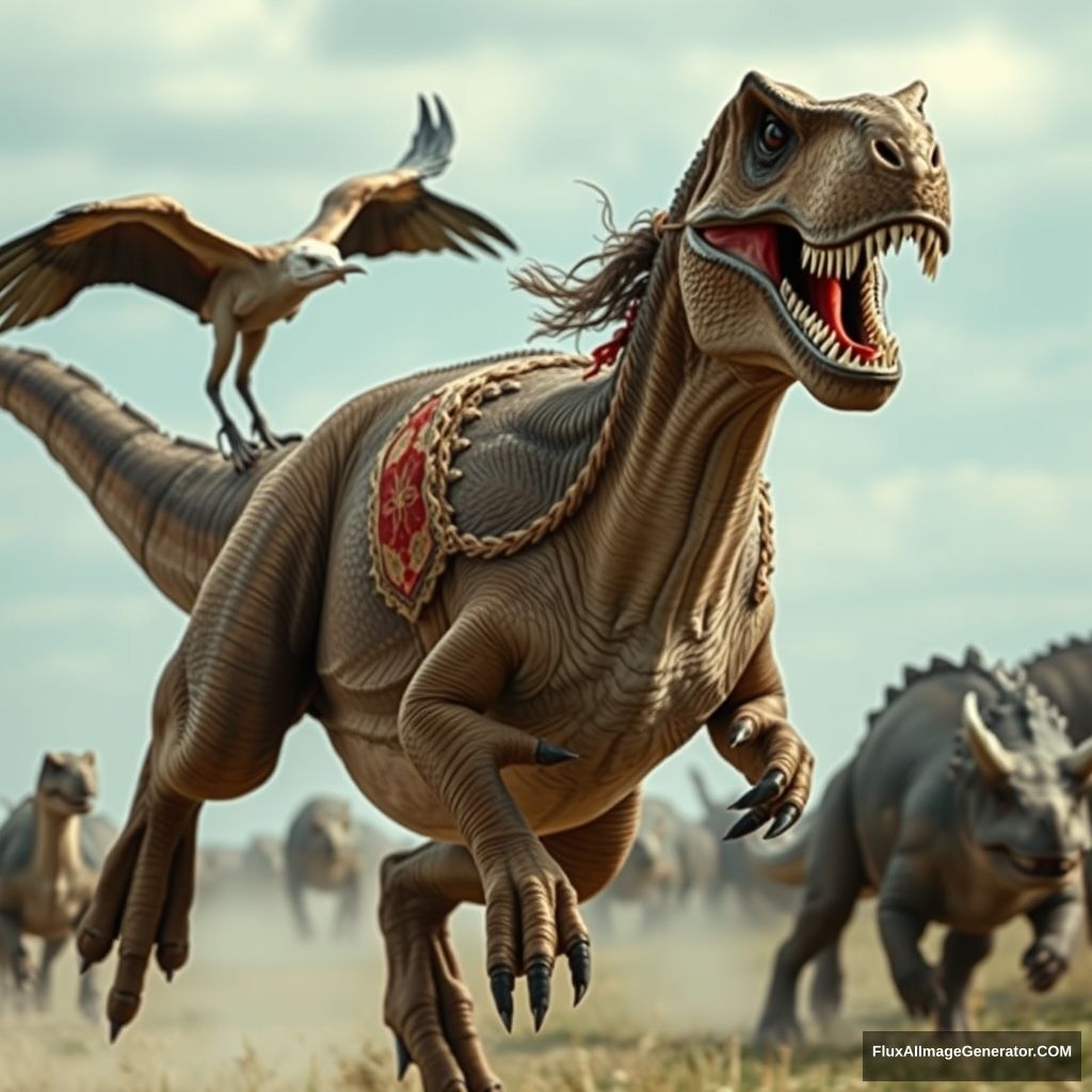 Close-up cinematic shot of a 20-year-old Mongolian woman wearing traditional Mongolian clothing riding a galloping T-rex at a high speed, with a Pterodactyl sitting on its left hand, a pack of Velociraptors and Triceratops running together, in the Mongolian steppe, realistic photo.