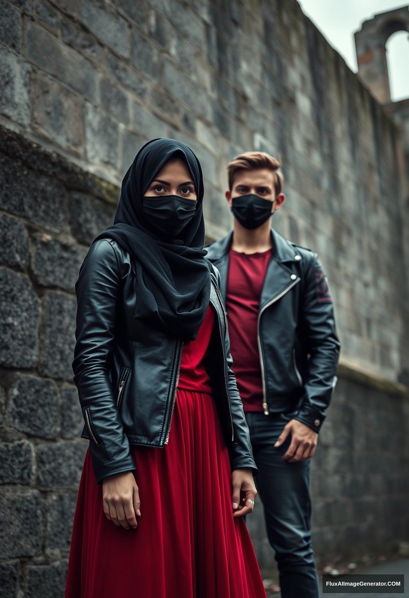 A biggest black hijab girl, beautiful eyes, face mask black, black leather jacket, biggest red longest dress, not tall,

Jamie Dornan, handsome, face mask black, fit and tough body, metal red t-shirt, black leather jacket, jeans, tall man,

standing near the wall together,
Hyper-realistic, photorealistic, street photography, Victoria's abandoned castle, gloomy, darkness. - Image