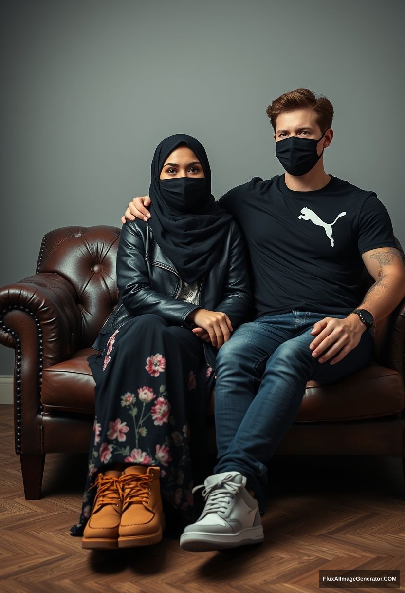 A large black hijab girl, slim girl, beautiful eyes, black face mask, black leather jacket, floral long dress, Timberland boots, sitting on a leather single wing sofa,

Jamie Dornan, youngest, wearing a black Puma T-shirt, jeans, black leather sneakers, tall man, black face mask, fit body, sitting near her,

hyper-realistic, studio photography. - Image