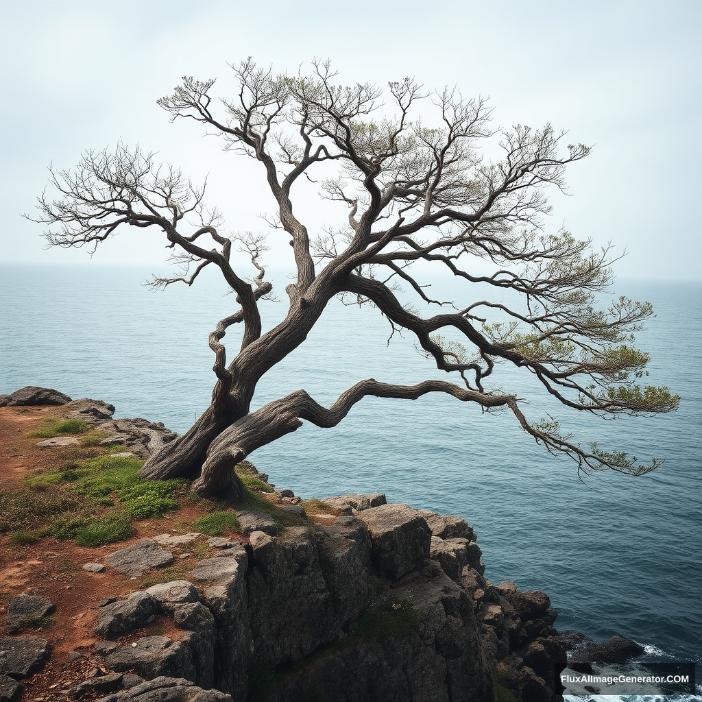 an old tree on the edge of a cliff near the water - Image