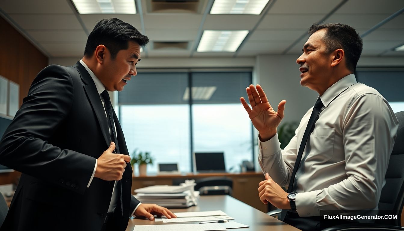 This is an office scene. Ultra wide shot. There is a man in a black suit on the left side of the screen. His name is Paul, an Asian. Paul is very angry. He stands up and slams his hand down and points to the right at another man wearing a white shirt and a black tie. They are quarreling. His name is Ivan, an Asian. Ivan was sitting down and his opponent made a blocking gesture and had a disgusted facial expression. - Image