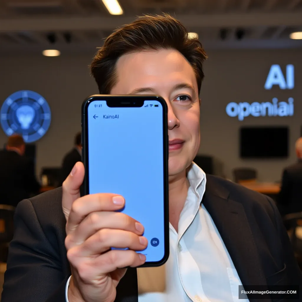 Elon Musk sostiene un teléfono y la pantalla del teléfono muestra la aplicación KainoAI, el fondo es la oficina de OpenAI.