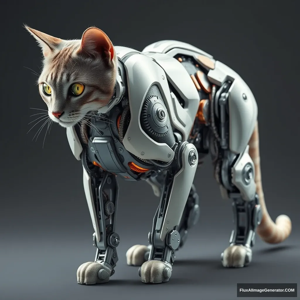 A biomechanical feline, its sleek fur parting to reveal intricate gears and pulsing circuits within its muscular legs. Hyperrealistic rendering captures every metallic glint and synthetic synapse. The cat's eyes, a fusion of organic and digital, reflect a world where nature and technology intertwine seamlessly.