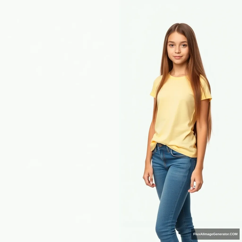 An 18-year-old girl, wearing jeans and a light yellow T-shirt, very tall, very thin, and very beautiful with long hair.