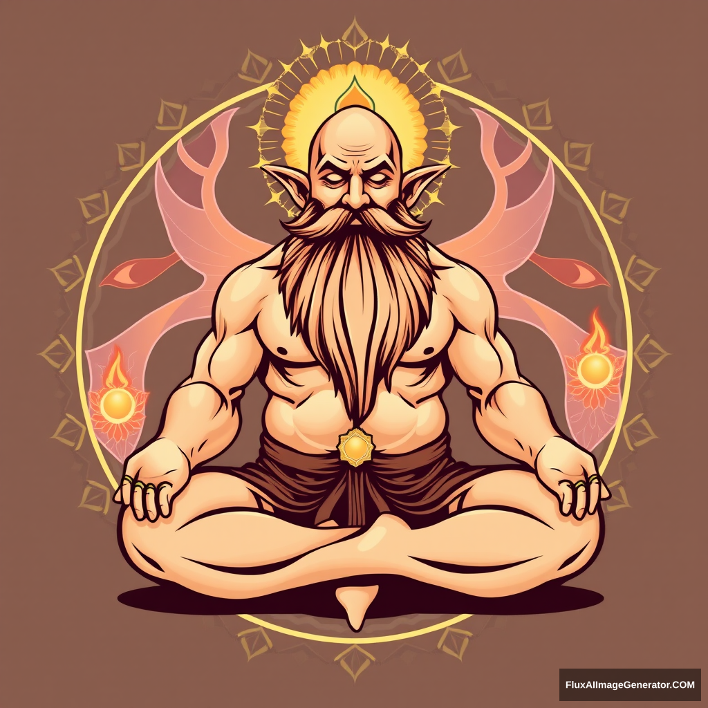 Tahir Yoga Center logo: a muscular large bald dwarf with a beard in the lotus position exchanges energies from chakras to chakras with a woman.