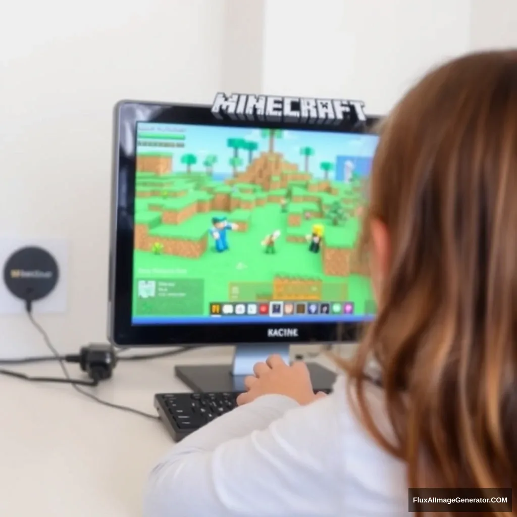 A little girl is playing Minecraft game on the computer screen. - Image