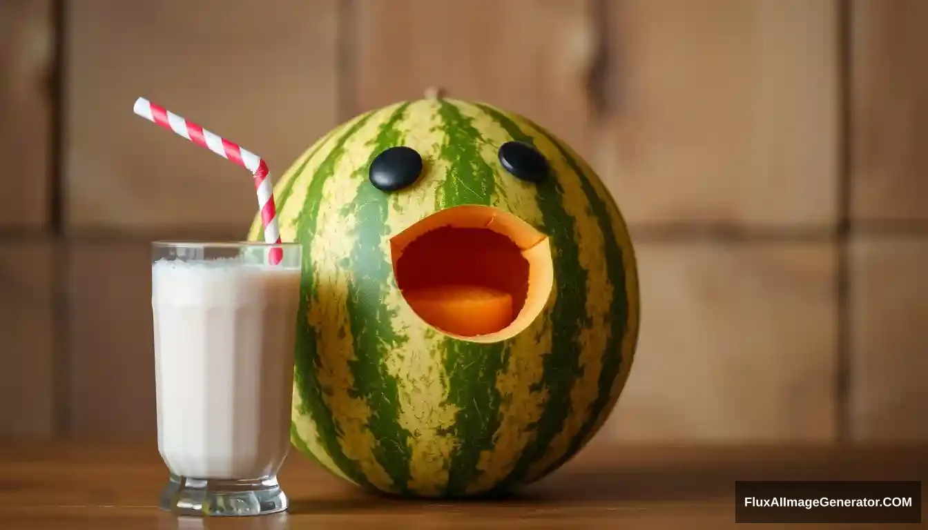 'a melon drinking a milkshake with a straw'