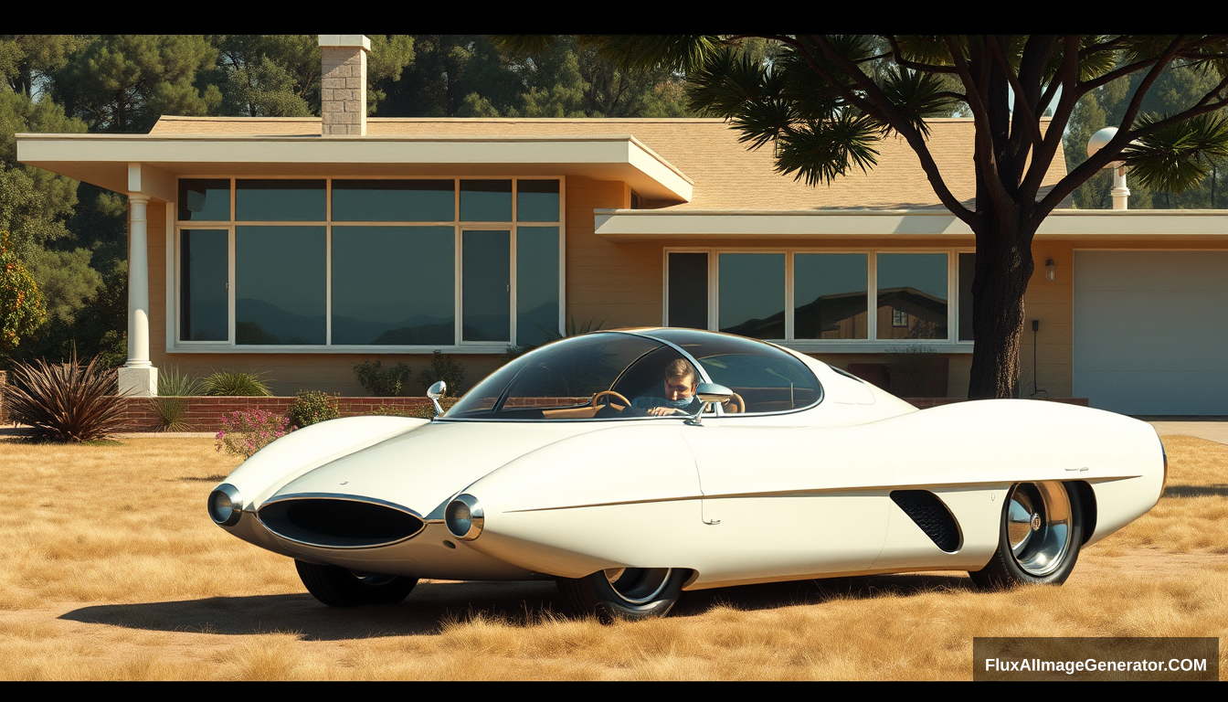 a radical concept car from the 1960s sitting in front of a MCM house, as painted by Syd Mead, country setting, 4k, bubble canopy, retractable landing gear.