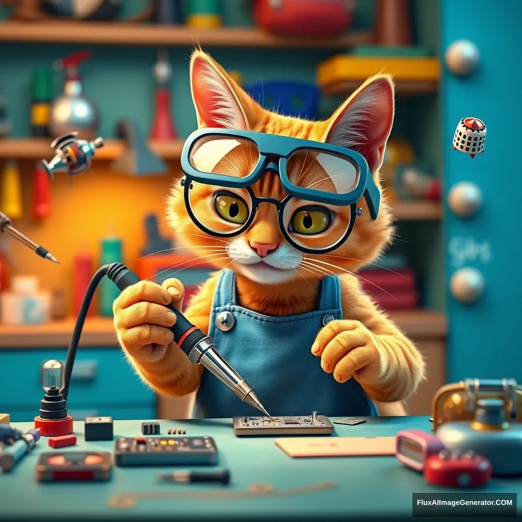 A mischievous ginger tabby cat, wearing oversized safety goggles and a tiny blue work apron, delicately wields a miniature soldering iron. The cat meticulously repairs a PCB in a vibrant, colorful Pixar-style workshop. Whimsical tools and gadgets float nearby, defying gravity. Warm, ambient lighting creates a cozy atmosphere.