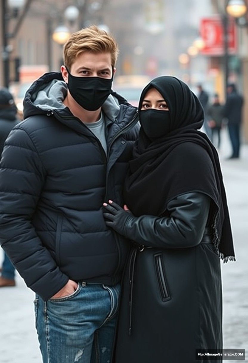 Jamie Dornan, handsome, young, wearing a black face mask, snow jacket, jeans, dating a beautiful, romantic, largest black hijab Muslim girl with beautiful eyes, wearing a black face mask and black leather jacket, in a winter scenery, standing together in town, it's cold, photorealistic, street photography.