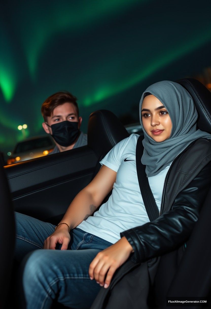 Jamie Dornan, tall, young, wearing a black face mask, a white Nike T-shirt, and jeans, is on a romantic date with a beautiful Muslim girl in a grey hijab, who has beautiful eyes, wears a black face mask and a leather jacket, and has a very long and large skirt. She is not tall. They are sitting in a sports car in town, in a photorealistic style, with street photography capturing the night scenery and the aurora borealis.