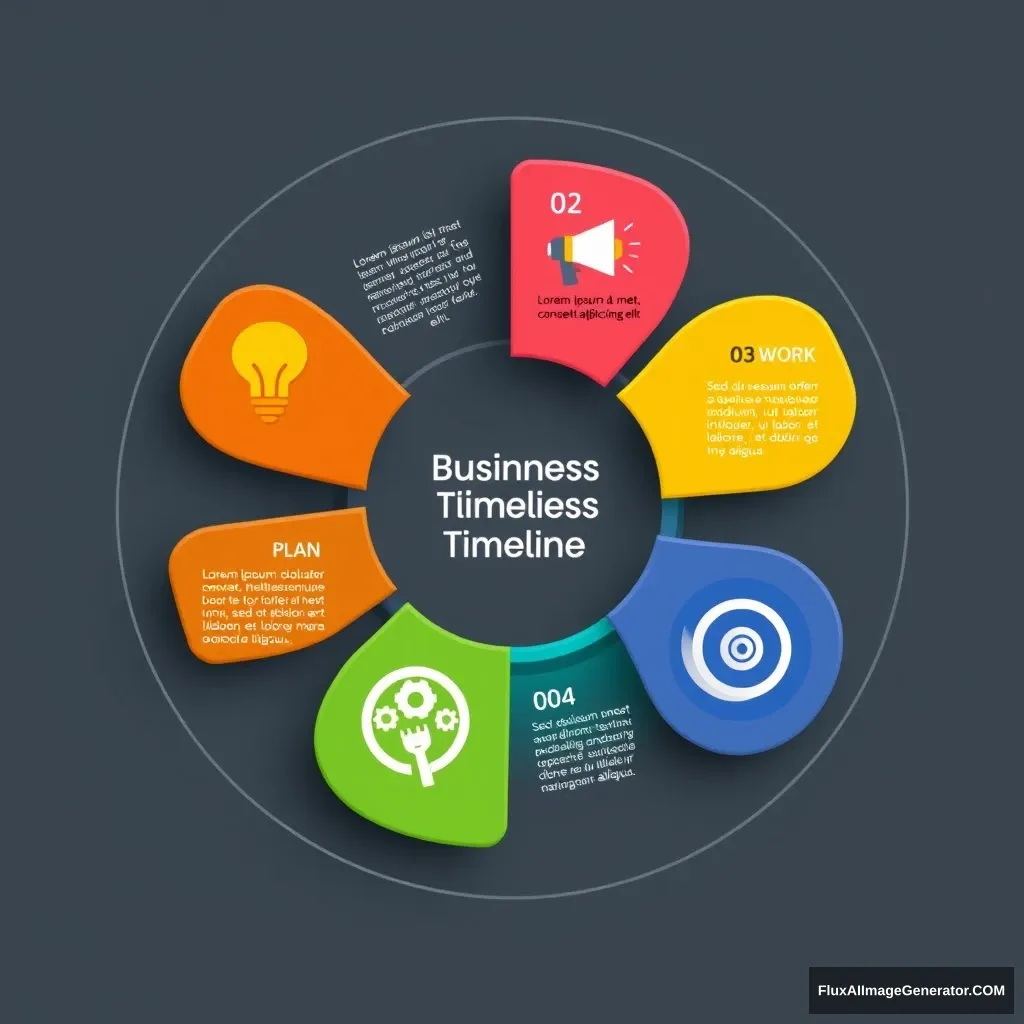 Business timeline infographic, circular diagram divided into 6 colored sections like pie chart. Section 1: "01 PLAN" icon light bulb in orange. Text "Lorem ipsum dolor sit amet, consectetur adipiscing elit. Sed do eiusmod tempor incididunt ut labore et dolore magna aliqua." Section 2: "02" icon megaphone in yellow. Section 3: "03 WORK" icon gears in green. Text "Lorem ipsum dolor sit amet, consectetur adipiscing elit. Sed do eiusmod tempor incididunt ut labore et dolore magna aliqua." Section 4: "04 TARGET" dart board icon in turquoise blue. Text "Lorem ipsum dolor sit amet, consectetur adipiscing elit. Sed do eiusmod tempor incididunt ut labore et dolore magna aliqua." Section 5: "05" diamond icon in purple. Section 6: "06 FINISH" checkmark icon in dark purple, with "SUCCESS" and smaller text. Black arrow showing clockwise progression. - Image