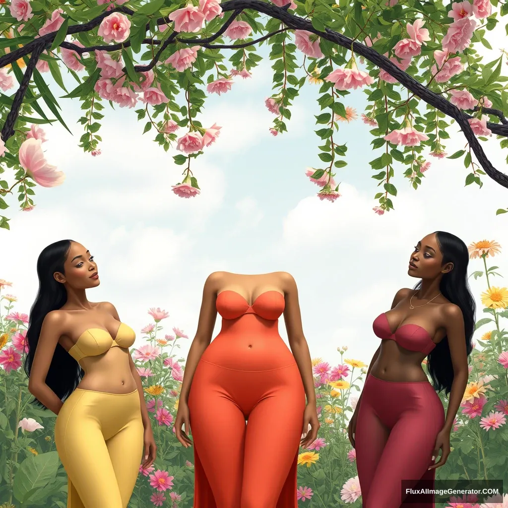 3 slim, large-chested women each from different ethnic backgrounds in a dreamlike garden - Image